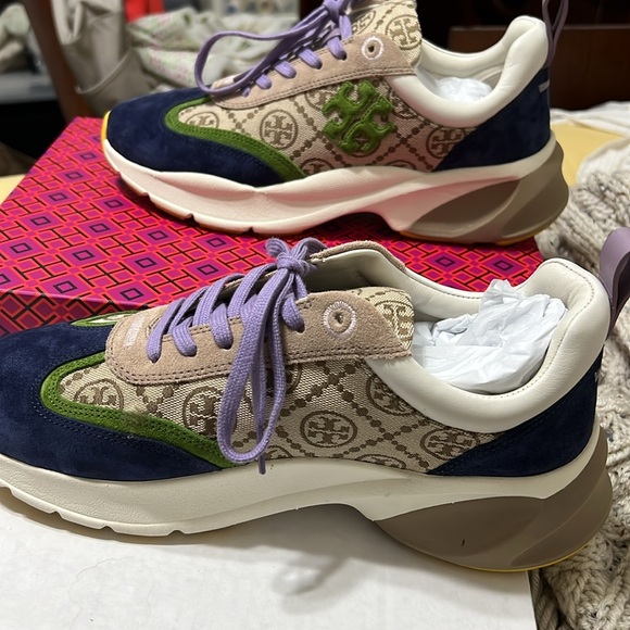 Tory Burch monogram good luck trainer. Perfect navy 200 - Picture 4 of 5